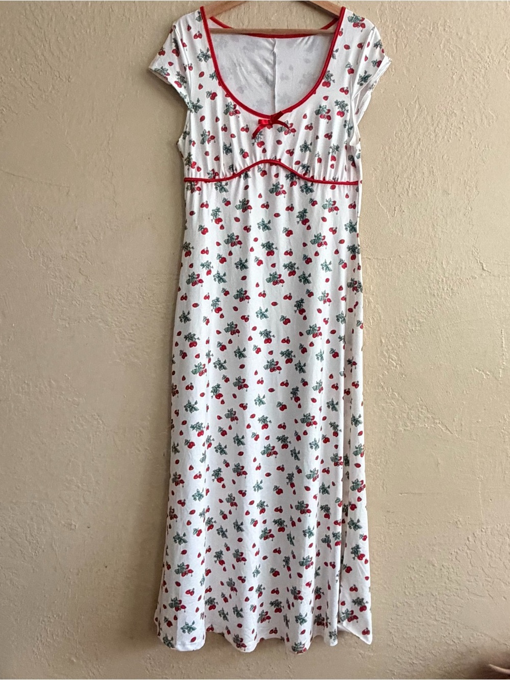 White Strawberry-Print Maxi Dress with Red Trim